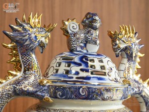 Bộ đỉnh hạc men lam cao cấp vẽ vàng ,  đỉnh cao 47cm cả chân kê