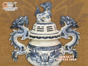 Bộ đỉnh hạc men rạn cổ đắp nổi chân đồng, 55cm