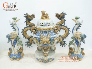 Bộ đỉnh hạc men rạn đắp nổi 50cm (Cả chân kê)