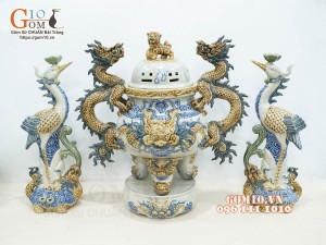 Bộ đỉnh hạc men rạn đắp nổi 50cm (Cả chân kê)