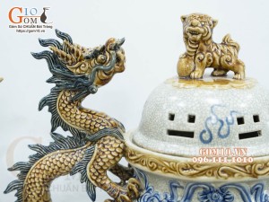 Bộ đỉnh hạc men rạn đắp nổi 50cm (Cả chân kê)