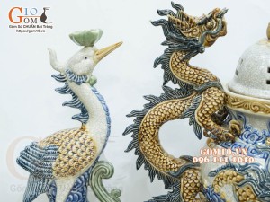 Bộ đỉnh hạc men rạn đắp nổi 50cm (Cả chân kê)