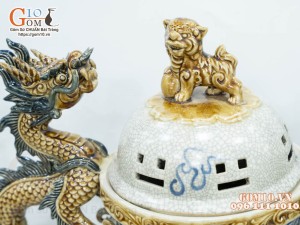 Bộ đỉnh hạc men rạn đắp nổi 50cm (Cả chân kê)