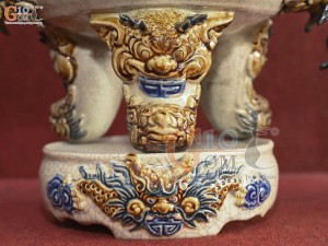 Bộ đỉnh hạc men rạn đắp nổi, cao 37cm (Chân Kê Sứ)