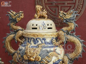 Bộ đỉnh hạc men rạn đắp nổi, cao 37cm (Chân Kê Sứ)