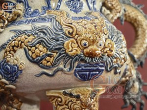 Bộ đỉnh hạc men rạn đắp nổi, cao 37cm (Chân Kê Sứ)