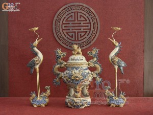 Bộ đỉnh hạc men rạn đắp nổi chân đồng, đỉnh cao 48cm - hạc cao 42cm (Chân Kê Sứ)