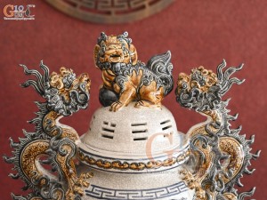 Bộ đỉnh hạc men rạn đắp nổi Rồng Như Ý, cao 45cm