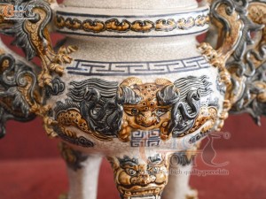 Bộ đỉnh hạc men rạn đắp nổi Rồng Như Ý, cao 45cm