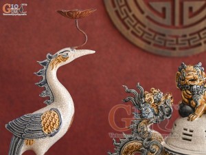 Bộ đỉnh hạc men rạn đắp nổi Rồng Như Ý, cao 45cm