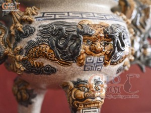 Bộ đỉnh hạc men rạn đắp nổi Rồng Như Ý, cao 45cm