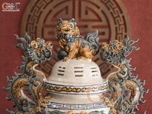 Bộ đỉnh hạc men rạn đắp nổi Rồng Như Ý, cao 70cm cả chân kê