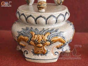 Bộ đỉnh hạc men rạn đắp nổi Rồng Như Ý, cao 70cm cả chân kê