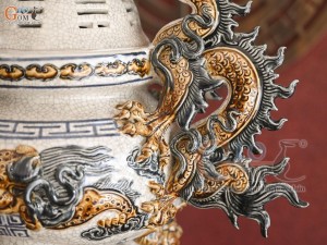 Bộ đỉnh hạc men rạn đắp nổi Rồng Như Ý, cao 70cm cả chân kê