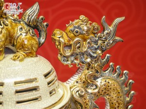 Bộ đỉnh hạc men rạn đắp nổi Rồng Như Ý vẽ vàng 24k, cao 55cm