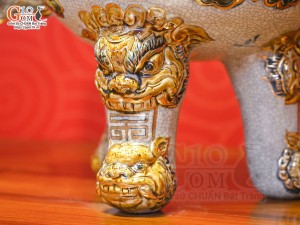 Bộ đỉnh hạc men rạn đắp nổi Rồng Như Ý vẽ vàng 24k, cao 55cm