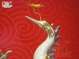 Bộ đỉnh hạc men rạn đắp nổi Rồng Như Ý vẽ vàng 24k, cao 55cm