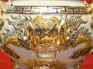 Bộ đỉnh hạc men rạn đắp nổi Rồng Như Ý vẽ vàng 24k, cao 55cm