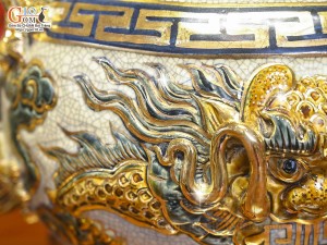 Bộ đỉnh hạc men rạn đắp nổi Rồng Như Ý vẽ vàng 24k, cao 55cm