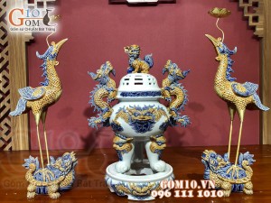 Bộ đỉnh hạc men lam cổ đắp nổi cao cấp, cao 55cm