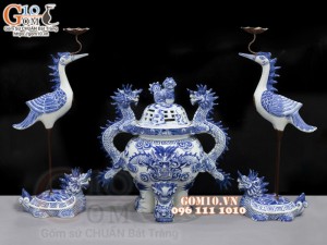 Bộ đỉnh hạc Như Ý men lam cao cấp, đỉnh 40cm - hạc 57cm