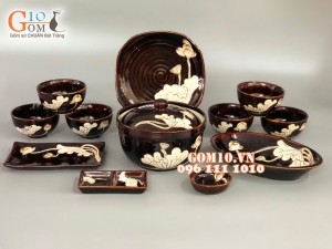 Bộ đồ ăn men hỏa biến khắc sen S2