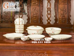 Bộ đồ ăn men kem vẽ hoa Đào phai, 13 chi tiết