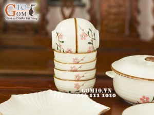 Bộ đồ ăn men kem vẽ hoa Đào phai, 13 chi tiết