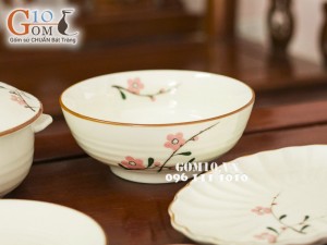 Bộ đồ ăn men kem vẽ hoa Đào phai, 13 chi tiết