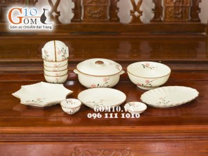 Bộ đồ ăn men kem vẽ hoa Đào phai, 13 chi tiết