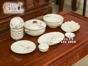 Bộ đồ ăn Đào xanh men kem