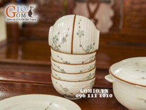 Bộ đồ ăn Đào xanh men kem