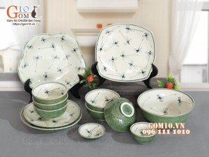 Bộ đồ ăn đồng xanh vẽ Chuồn kim, 13 chi tiết