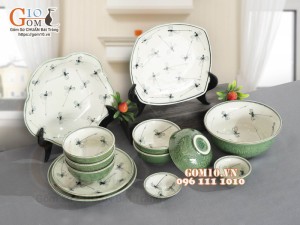 Bộ đồ ăn đồng xanh vẽ Chuồn kim, 13 chi tiết
