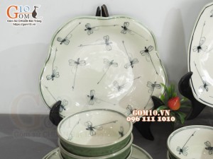 Bộ đồ ăn đồng xanh vẽ Chuồn kim, 13 chi tiết