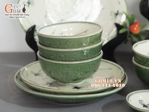 Bộ đồ ăn đồng xanh vẽ Chuồn kim, 13 chi tiết