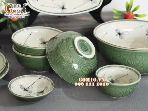 Bộ đồ ăn đồng xanh vẽ Chuồn kim, 13 chi tiết