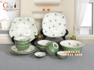 Bộ đồ ăn đồng xanh vẽ Chuồn kim, 13 chi tiết