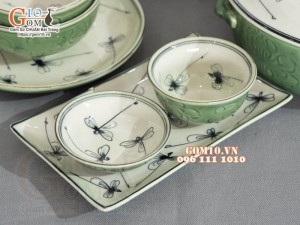 Bộ đồ ăn đồng xanh vẽ Chuồn kim, 14 chi tiết