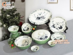 Bộ đồ ăn đồng xanh vẽ hoa Sen, 13 chi tiết