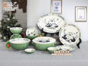 Bộ đồ ăn đồng xanh vẽ hoa Sen, 13 chi tiết