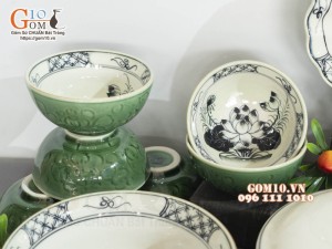 Bộ đồ ăn đồng xanh vẽ hoa Sen, 13 chi tiết