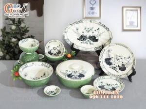 Bộ đồ ăn đồng xanh vẽ hoa Sen, 13 chi tiết