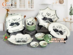 Bộ đồ ăn đồng xanh vẽ Sen, 12 chi tiết