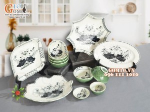 Bộ đồ ăn đồng xanh vẽ Sen, 12 chi tiết