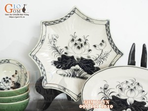 Bộ đồ ăn đồng xanh vẽ Sen, 12 chi tiết