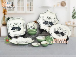 Bộ đồ ăn đồng xanh vẽ Sen, 12 chi tiết