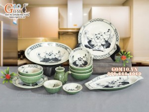 Bộ đồ ăn đồng xanh vẽ Sen, 13 chi tiết
