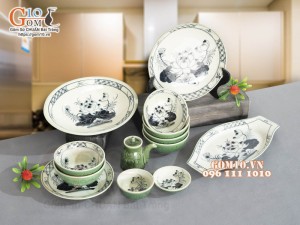 Bộ đồ ăn đồng xanh vẽ Sen, 13 chi tiết