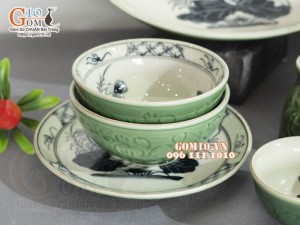 Bộ đồ ăn đồng xanh vẽ Sen, 13 chi tiết